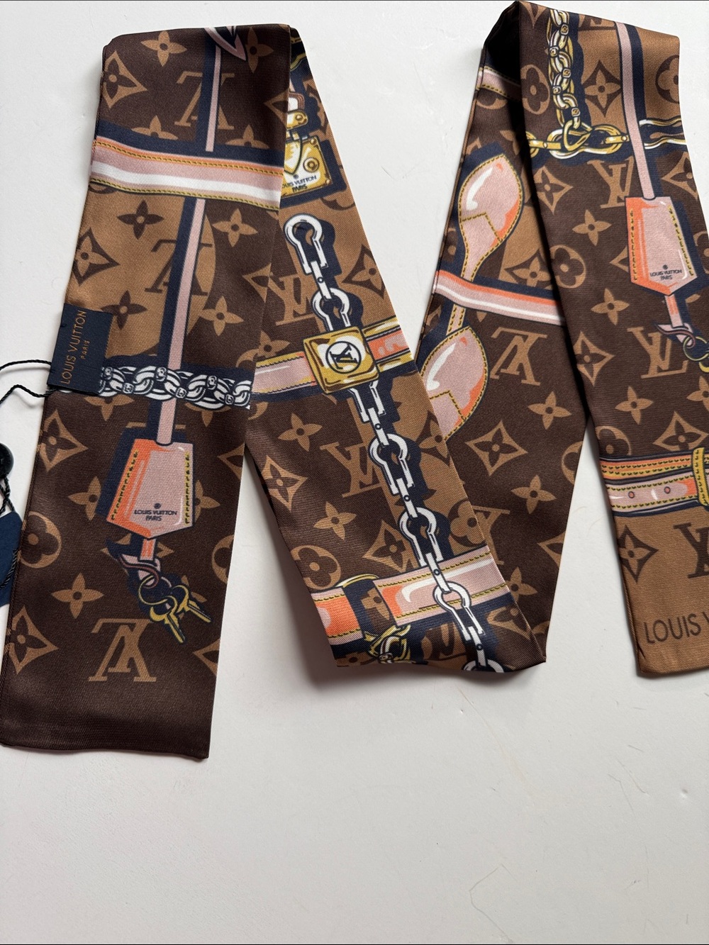 Fashion, accessories Brown Monogram Silk Twilly with Gold and Pink Accents